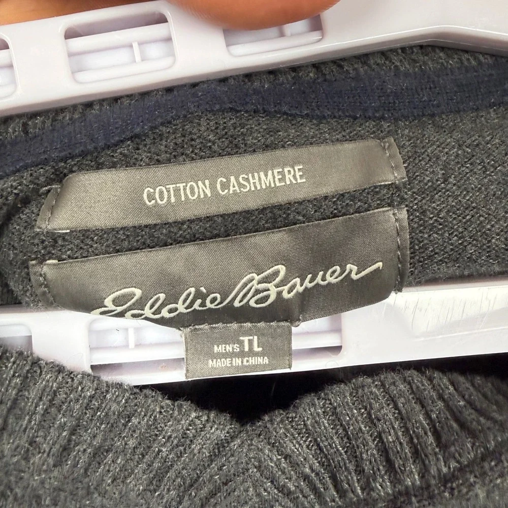 Eddie Bauer Mens Large Tall V-Neck Sweater Charcoal Gray Cotton Cashmere Blend